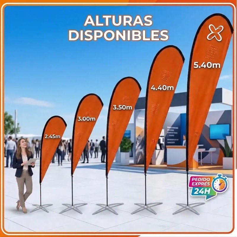Alturas disponibles de banderas tipo lágrima de 2.45m a 5.40m